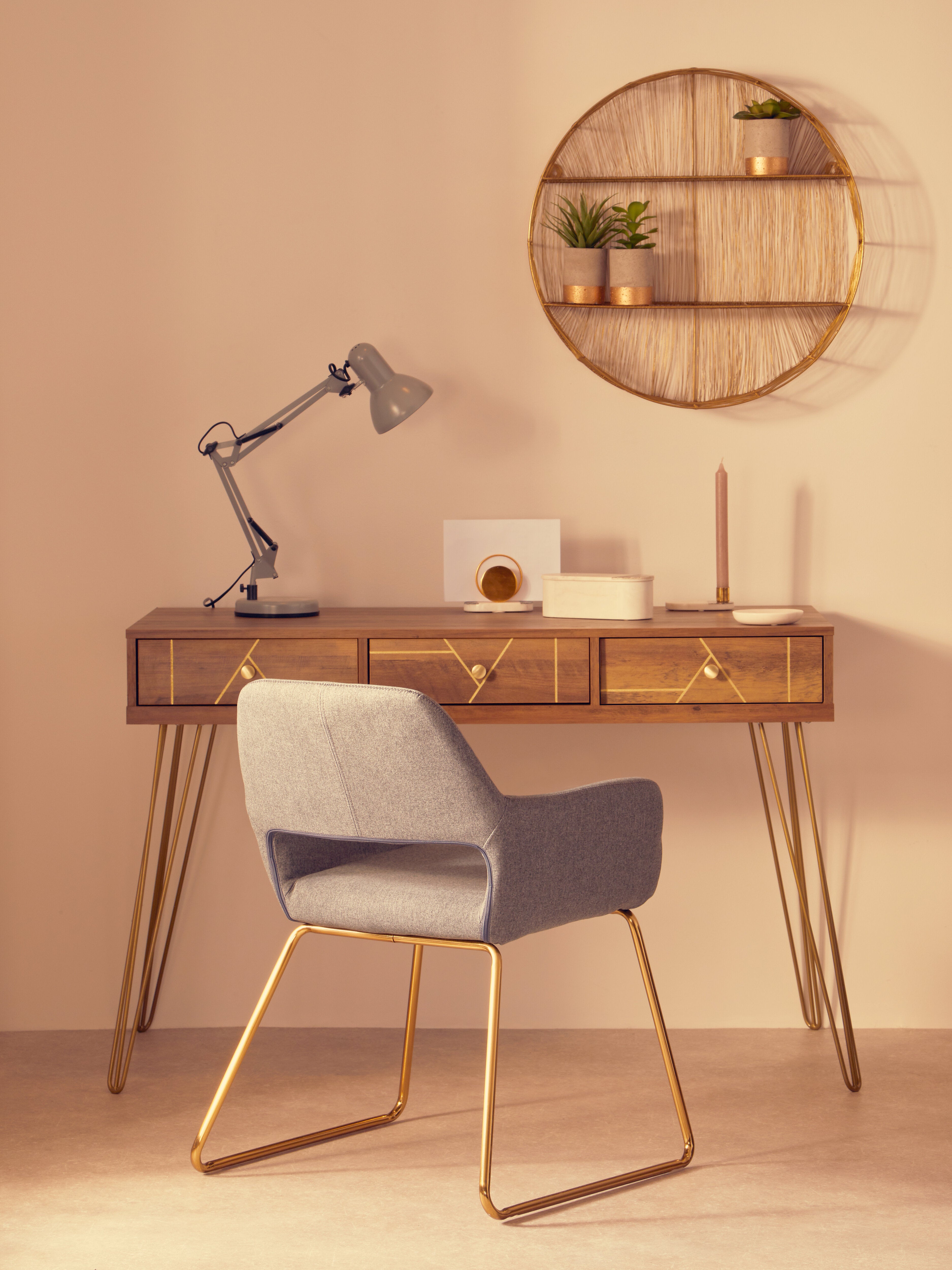Ophelia Brown Wood & Gold Three Drawer Desk